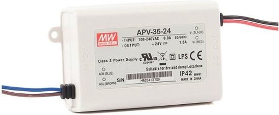 Transformateur LED Meanwell 36W 24VDC 1.5A IP20 CV APV-35-24