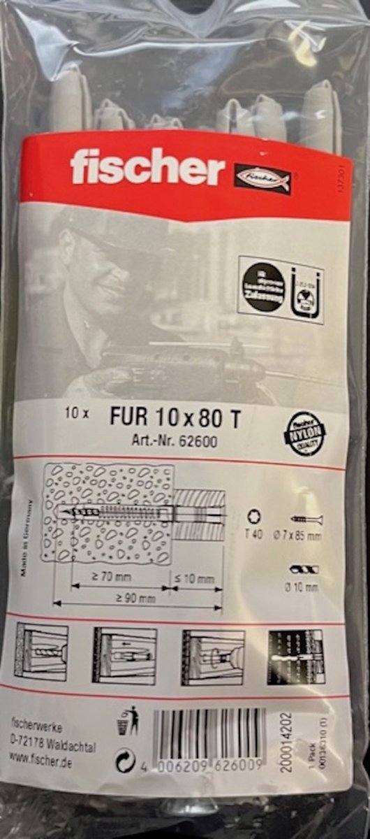 Fischer kozijnplug FUR 10X80 T B KLVP (10x) 062600