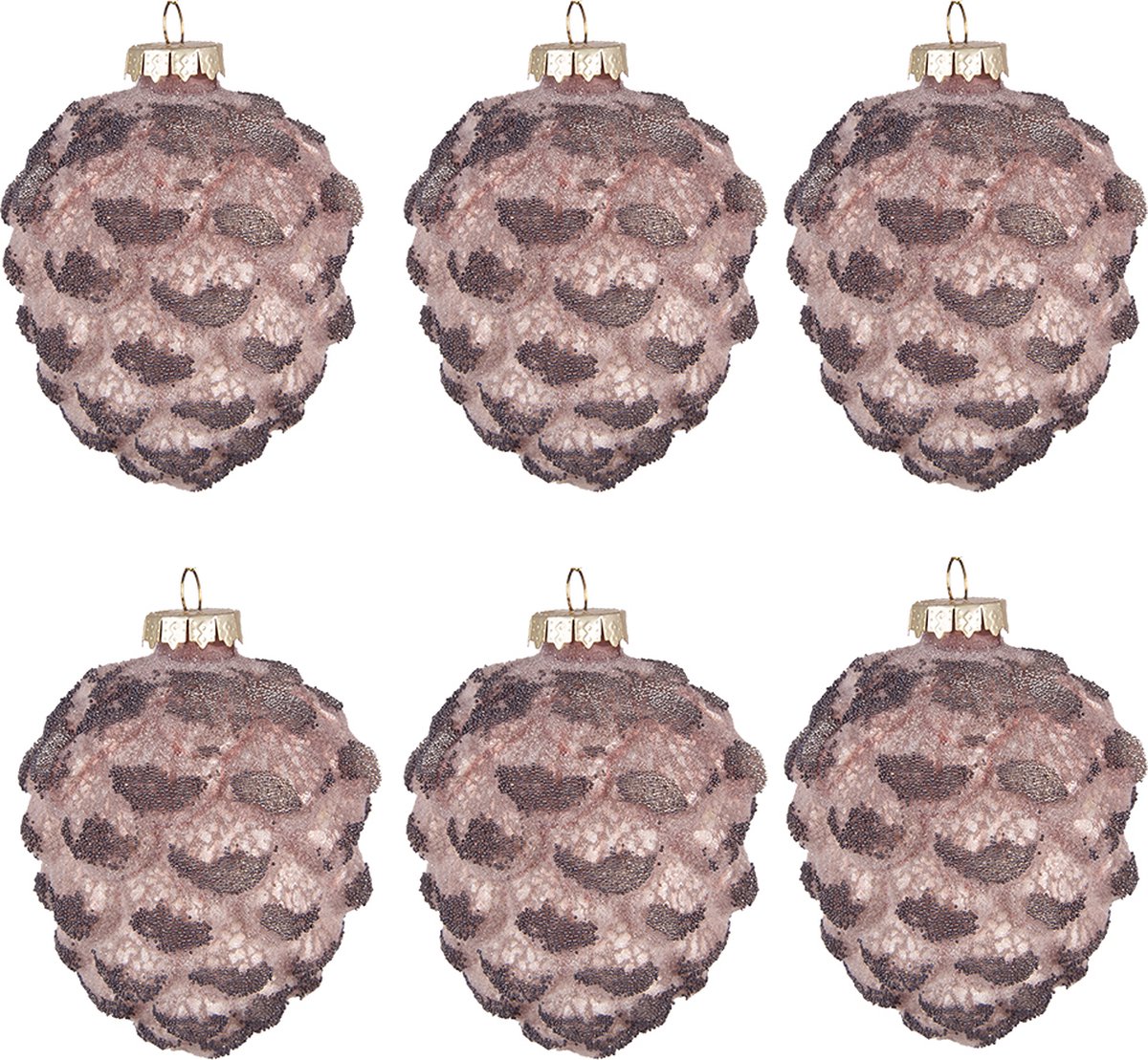 Clayre & Eef Kerstballen set van 6 Dennenappel Ø 8 cm Roze Glas Kerstdecoratie Kerstversiering Kerstboomversiering