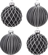 Clayre & Eef Kerstbal Set van 4 Ø 8 cm Zwart Wit Glas Kerstdecoratie