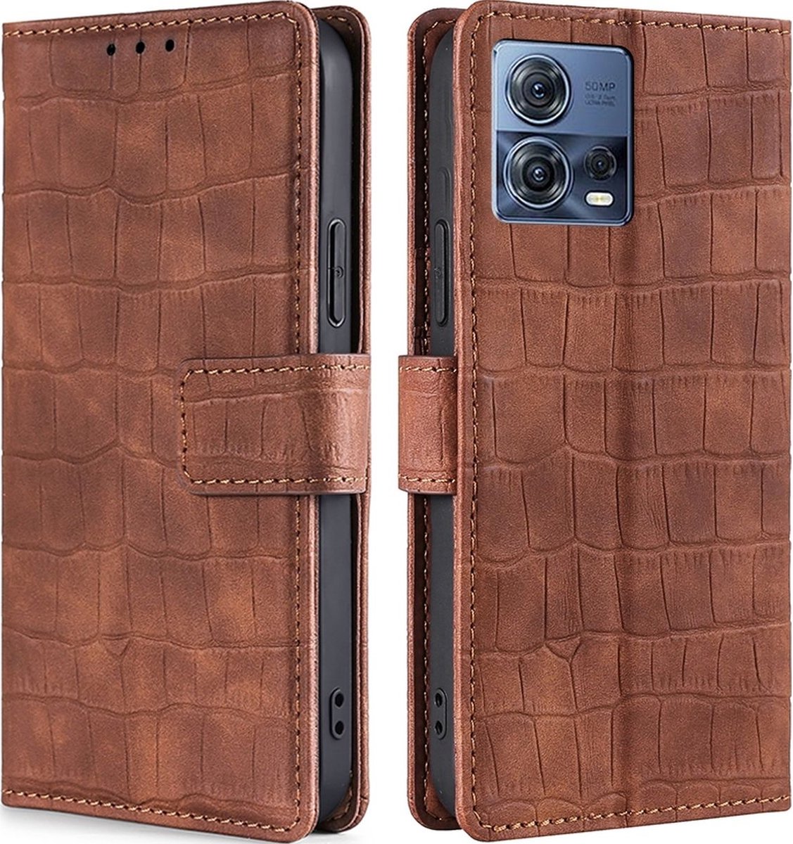Mobigear Telefoonhoesje geschikt voor Motorola Edge 30 Fusion Hoesje | Mobigear Croco Bookcase Portemonnee | Pasjeshouder voor 3 Pasjes | Telefoonhoesje voor Pinpas / OV Kaart / Rijbewijs - Bruin