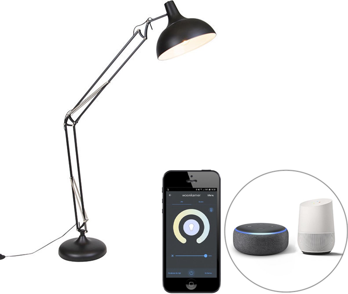 QAZQA hobby fl - Retro LED Smart Vloerlamp | Staande Lamp incl. wifi - 1 lichts - H 185 cm - Zwart - Woonkamer | Slaapkamer Zwart Smart LED