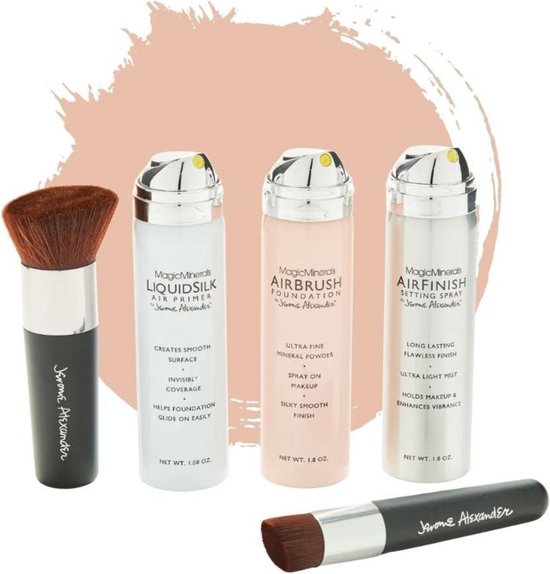 Foto: Magic minerals airbrush foundation 5 delige set by jerome alexander fair incl 2 kabuki kwasten airbrush primer en airfinish settingspray make up met een natuurlijke dekking