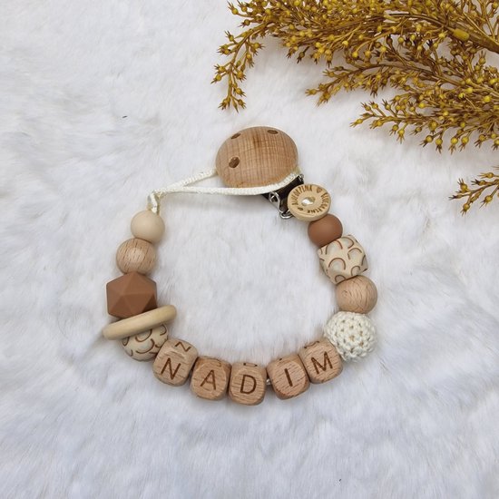 Blue or Pink - Speenkoord met naam- Neutraal- creme bruin- unisex- speenketting