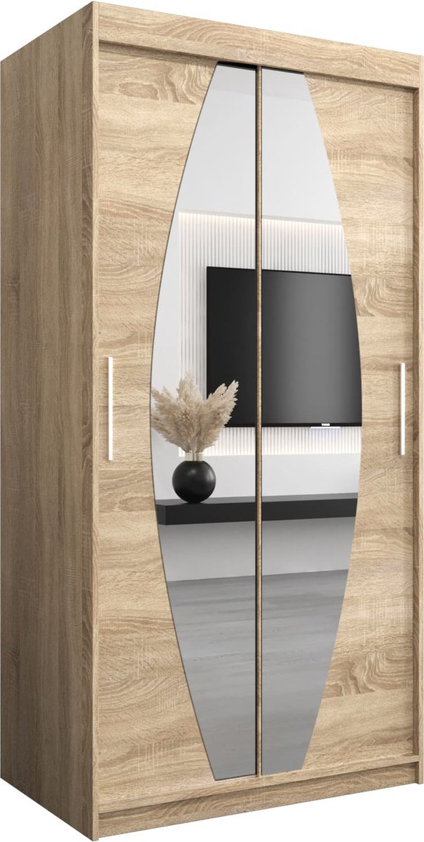 InspireME Kledingkast met 2 schuifdeuren, Modern-stijl, Een kledingkast met planken en een spiegel (BxHxD): 100x200x62 - GLOBE 100 Sonoma Eik