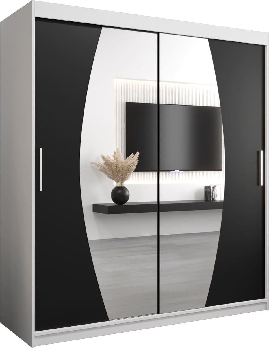 InspireME Kledingkast met 2 schuifdeuren, Modern-stijl, Een kledingkast met planken en een spiegel (BxHxD): 180x200x62 - GLOBE 180 Wit Mat + Zwart met 4 lades
