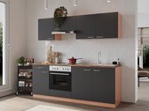 Goedkope keuken 210  cm - complete keuken met apparatuur Gerda  - Beuken/Grijs   - elektrische kookplaat    - afzuigkap - oven    - spoelbak