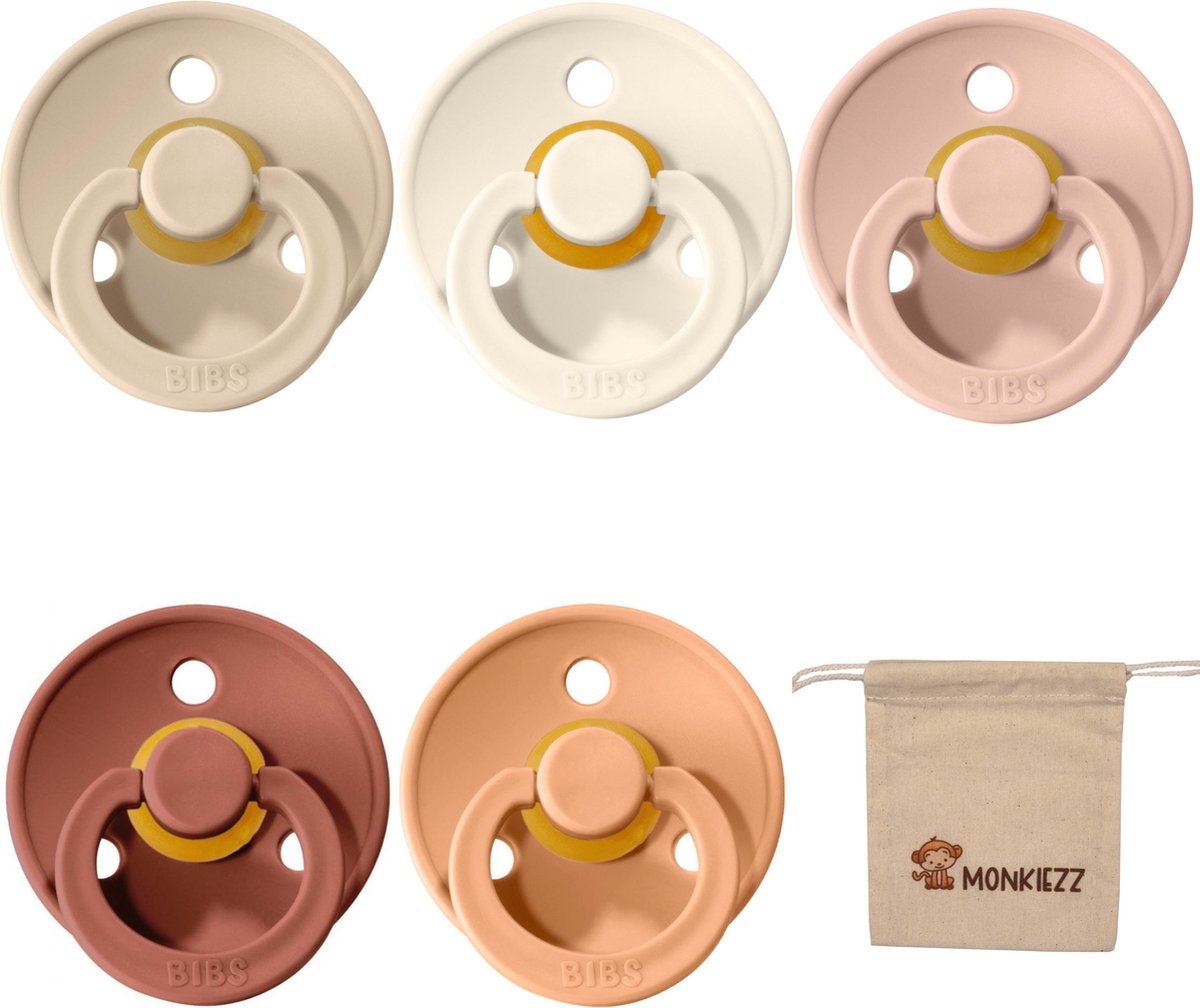 Goedkoopste Bibs fopspeen | Met Monkiezz Speenzakje - maat 1 0-6 maanden - 5 stuks - Vanilla - Ivory - Blush - Woodchuck - Peach