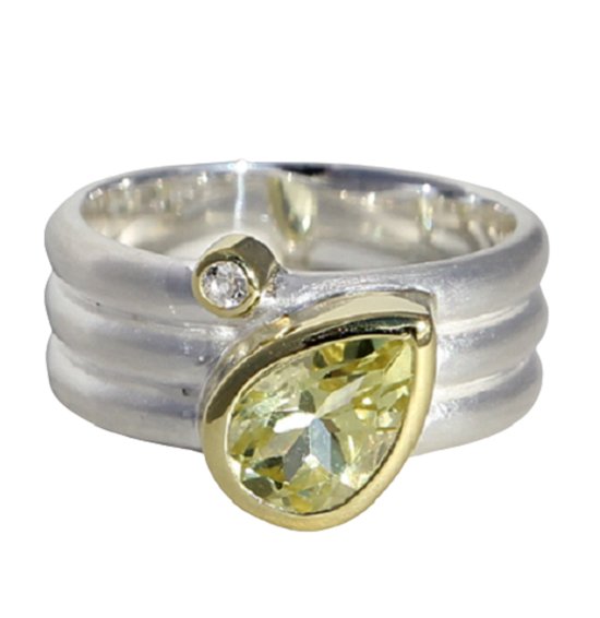 Schitterende Zilveren Brede Ring met Citroenkwarts en Bergkristal 17.25 mm. (maat 54) model 5 Carmen