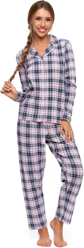 Katoenen damespyjama met lange mouwen | geruit patron | roze - zwart | L