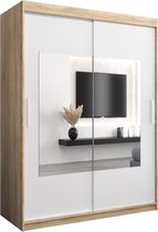 InspireMe - Kledingkast met 2 schuifdeuren, Modern-stijl, Een kledingkast met planken en een spiegel (BxHxD): 150x200x62 - TRINA 150 Sonoma Eik + Wit Mat
