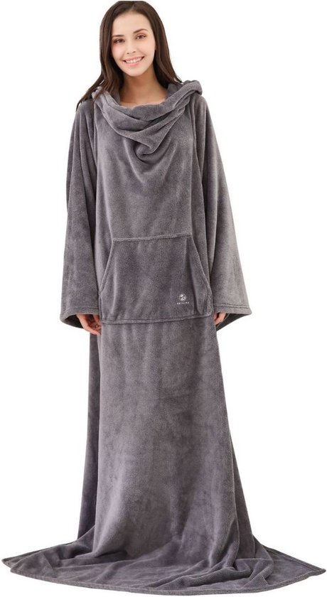 Recalma Fleece deken met Mouwen – 150x200 cm – Fleece Plaids met Mouwen – Hoodie Deken Buidelzak – Licht Grijs - Badjas