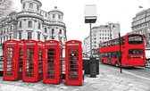 Fotobehangkoning - Behang - Fotobehang - Londen - Bus - Dubbeldekker - Telefooncel - Vliesbehang - 152,5 x 104 cm