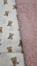 Kinderwagendeken - wit katoen met bruine teddybeer - oud roze teddy - ook voor moses mandje