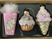 Glazen Kersthanger 3 stuks Cotton Candy, Cupcake, IJsco 10 cm kerstbal/ornament