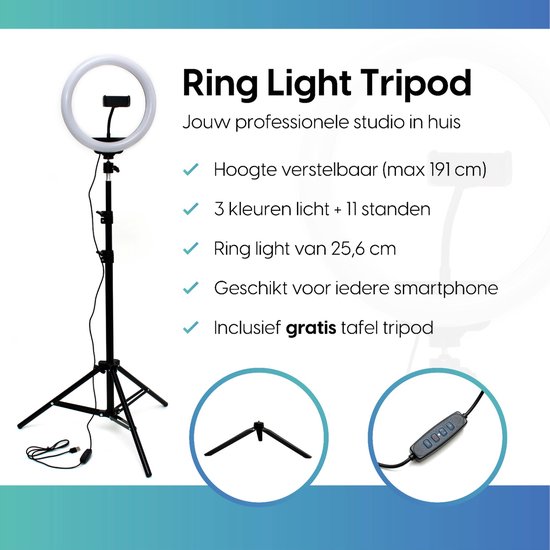 BixtoBix 10 inch LED Ringlamp met statief en Mini Tripod t.w.v. €19,95 - 2023 model- Ringlight - Selfie - Thuis werken - Ring Light Lampen Statief