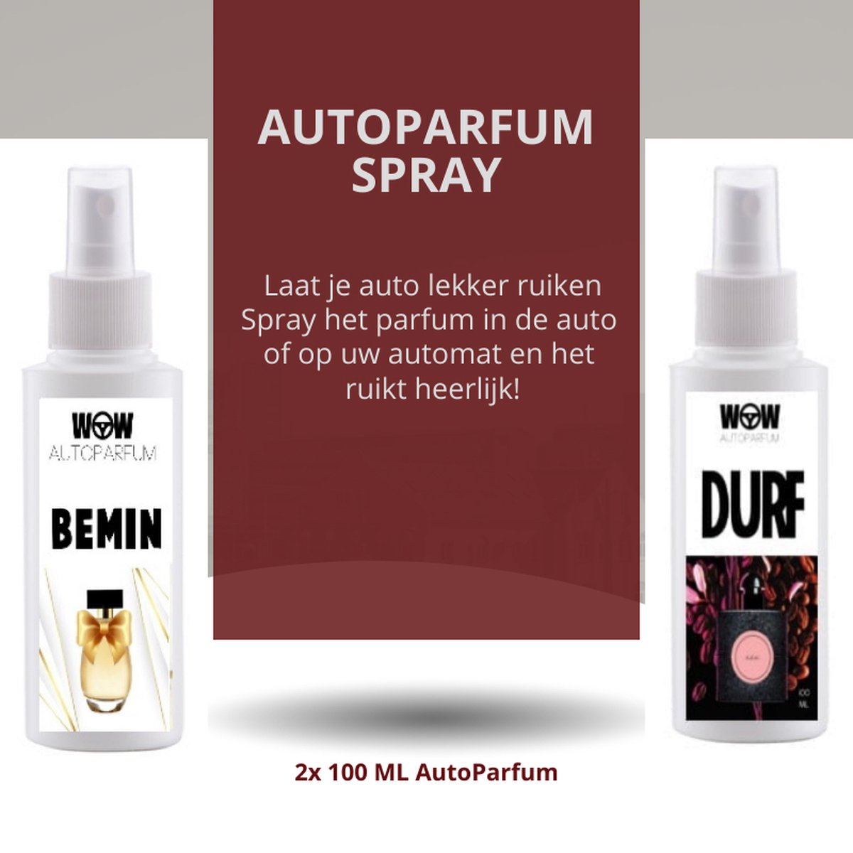 Autoparfum - autospray - 2 x 100 ml Bemin + Durf - Geïnspireerd op 2 bekende dames parfum geuren.