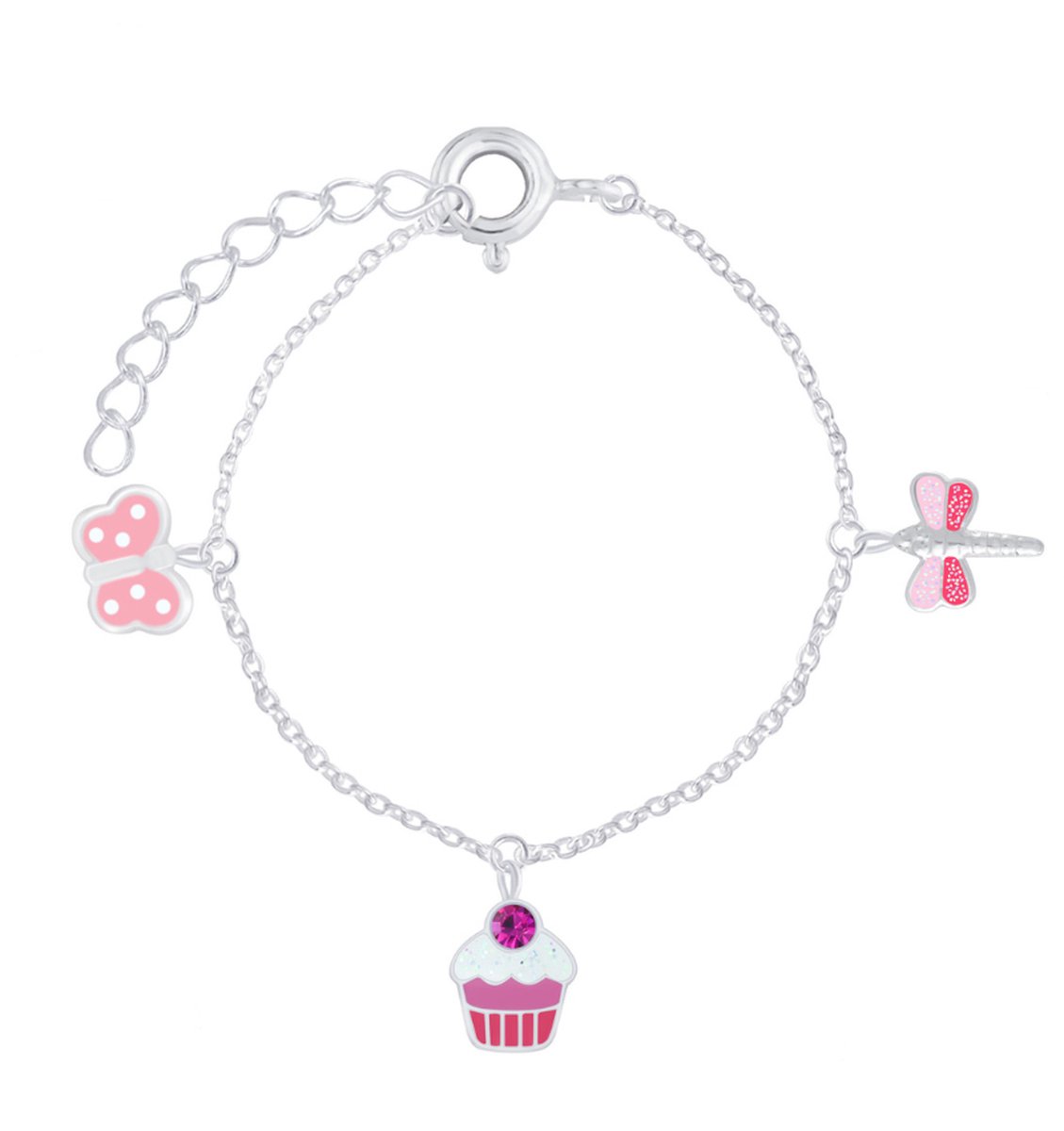 KAYA Sieraden | Zilveren Kinderarmband 'Pink Nature' met Vlinder, Cupcake en Libelle