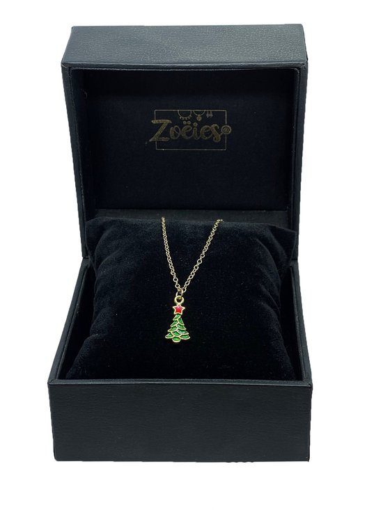 Zoëies® Wenskaart en kerstboom ketting met rode ster goudkleurig