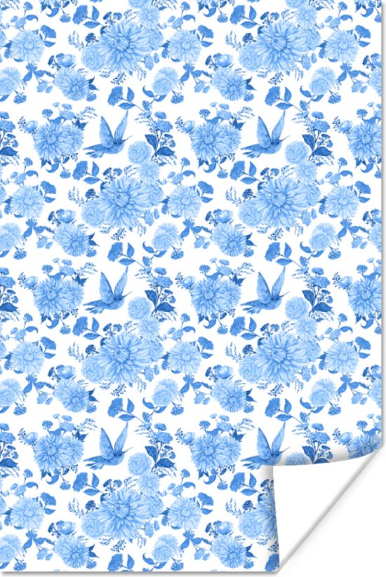 Poster Bloemen - Rozen - Vogels - Blauw