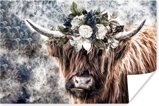 Affiche Scottish Highlander - Fleurs - Brouillard - 30x20 cm