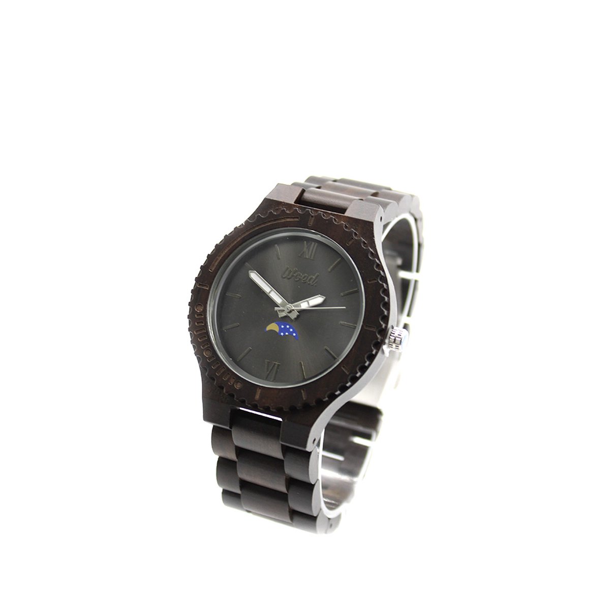 Woed Moon - Houten horloge heren - 44 mm - Quertz - Premium - Walnoot hout - Ebony - Zwart