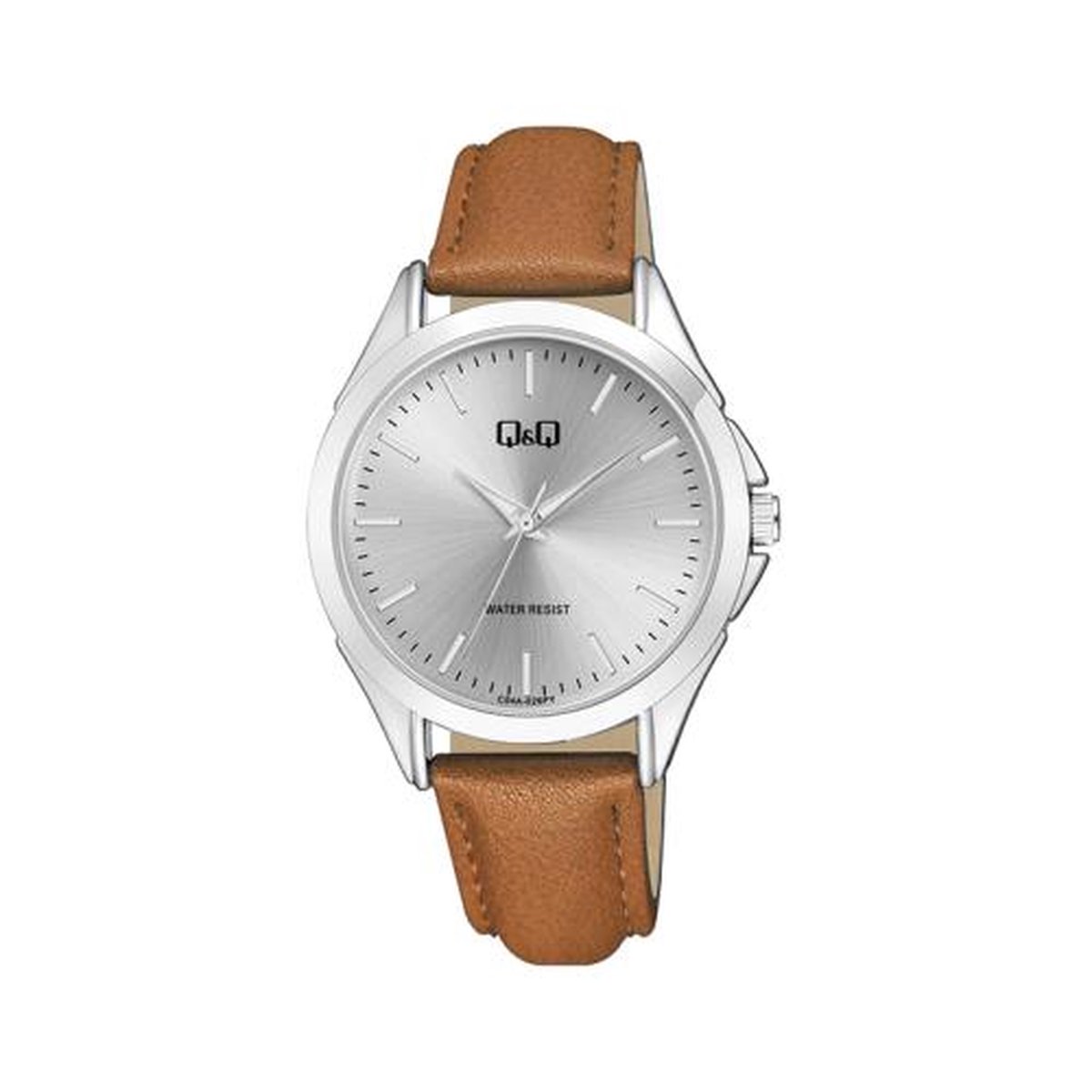 QQ C04A-021PY - Horloge - Analoog - Unisex - Leren band - Rond - Metaal - Streepjes - Bruin - Zilverkleurig