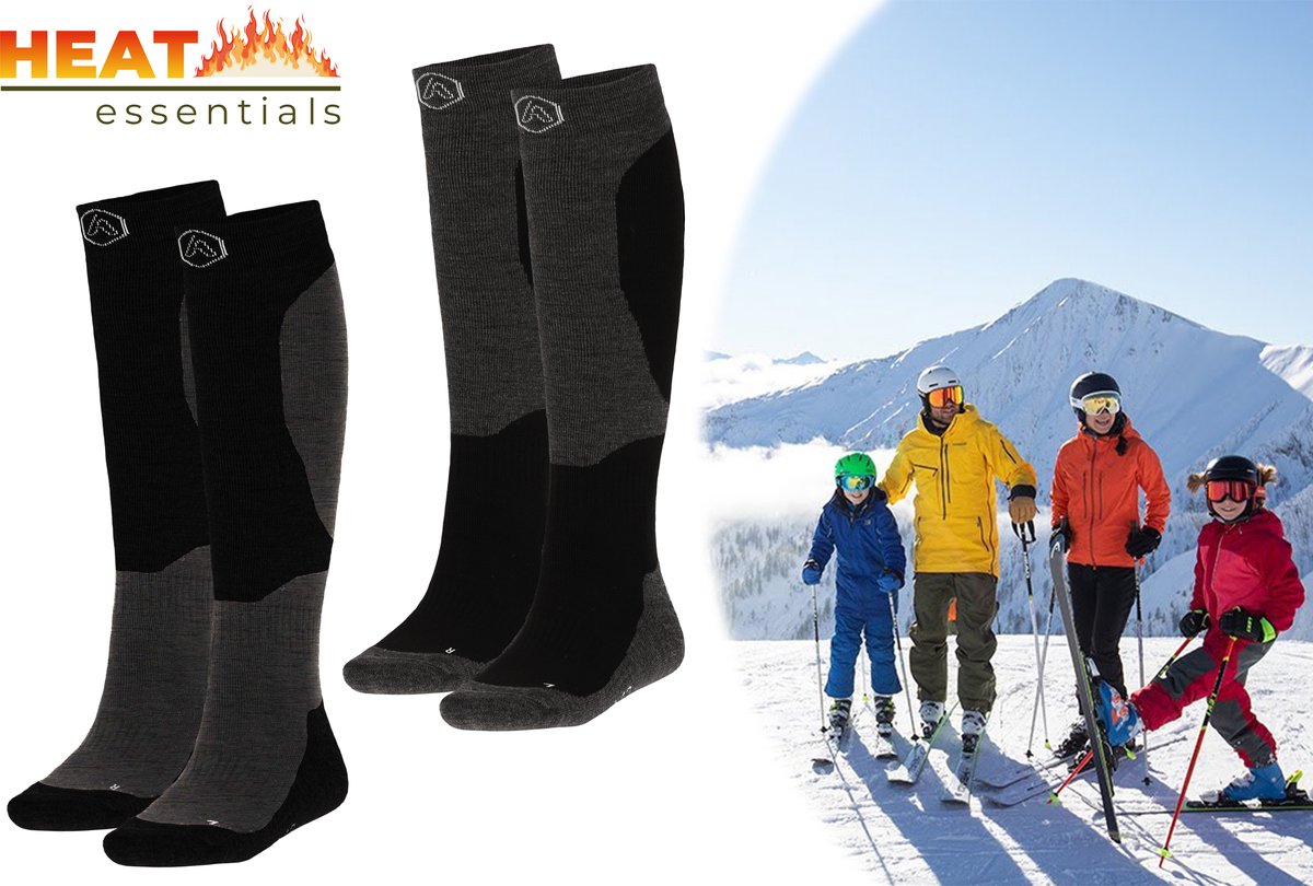 Heat Essentials Ski Sokken 39-42 – 2 Paar Unisex Extra Ondersteuning en Demping Warme Sokken met Wol Skisokken Heren Skisokken Dames Wintersport Sokken Huissokken Compressie sokken Zwart