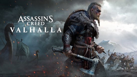 Assassin's Creed Valhalla-titel met een Viking met bijl en schild.