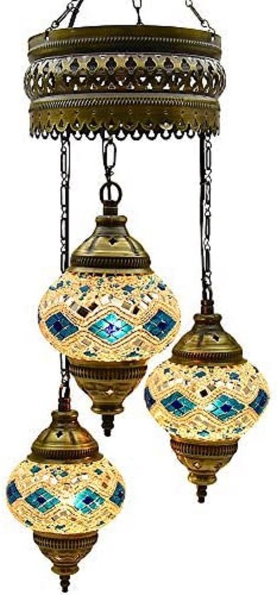 Turkse hanglamp 3 glazen bollen Oosterse plafondlamp turkoois wit mozaïek