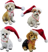 Honden met kerstmuts 14cm SET van 4 stuks - Kerstfiguren