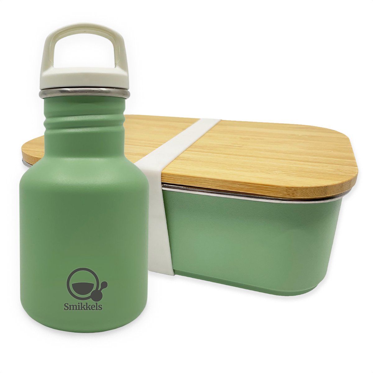 Smikkels - Schoolset RVS lunchbox met drinkfles kind - Groen - Duurzaam - Afsluitdop en rietjesdop - Lunchset Broodtrommel en Schoolbeker - Basisschool