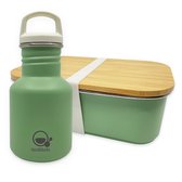 Smikkels - Set lunch box inox avec gourde enfant - Vert - Durable - Bouteille 350ml avec bouchon étanche et bouchon paille - lunch box 900ml avec couvercle bambou et élastique - abri - école primaire
