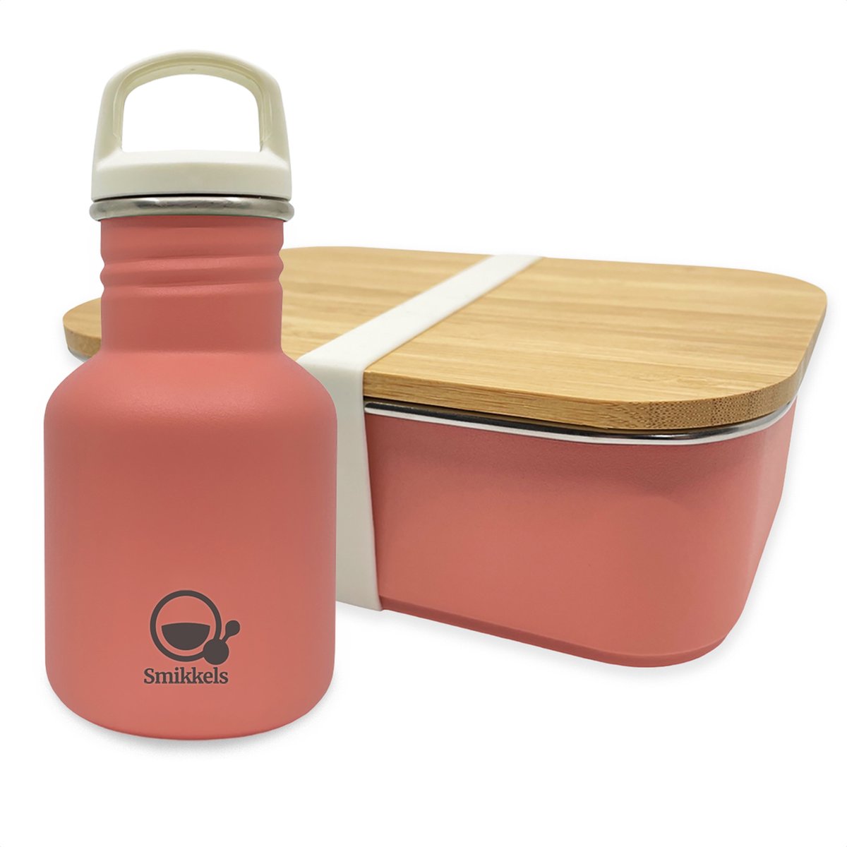 Smikkels - Schoolset RVS lunchbox met drinkfles kind - Roze - Duurzaam - Afsluitdop en rietjesdop - Lunchset Broodtrommel en Schoolbeker - Basisschool