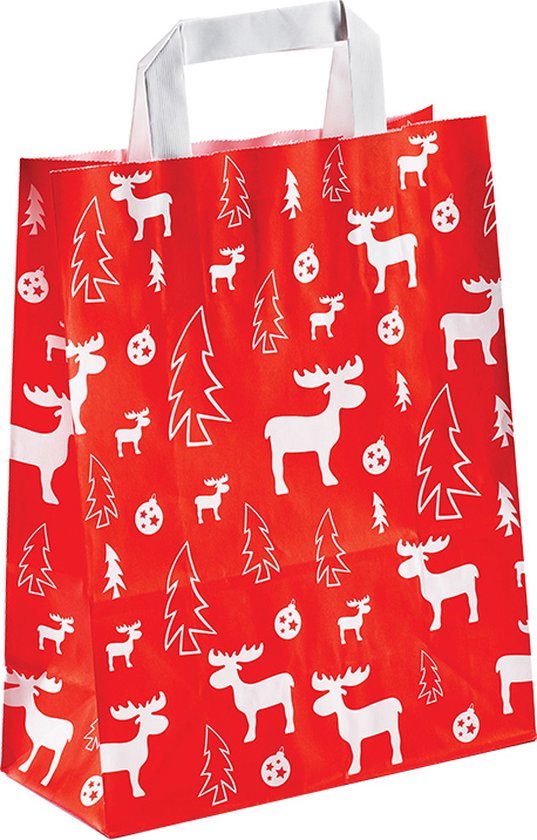 50 x papieren Kersttassen / Kerst draagtassen / Kersttasjes "White Elk" Met Platte Oren 22 x 10 x 28cm + 25 stickers « Merry Christmas »