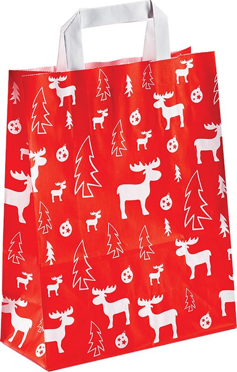 50 x papieren Kersttassen / Kerst draagtassen / Kersttasjes "White Elk" Met Platte Oren 22 x 10 x 28cm