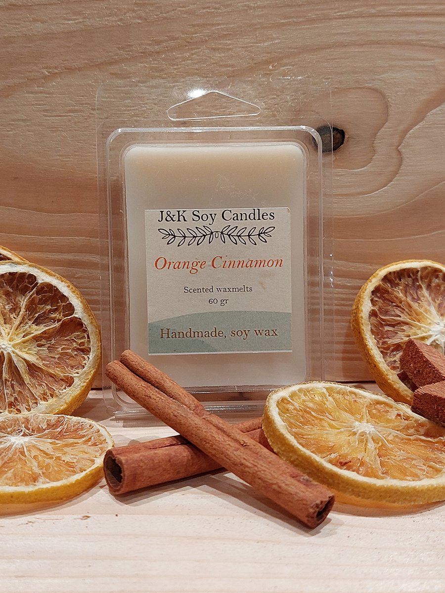 Handgemaakte - Orange Cinnamon - 100 % ecologische sojawas waxmelts - 60 gram - J&K Soy Candles