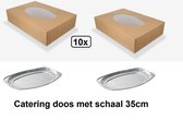 10x Cateringdozen kraft 36x25x8cm + 10x Aluminium serveersschaal- catering salade maaltijd bezorg doos thuis bezorg