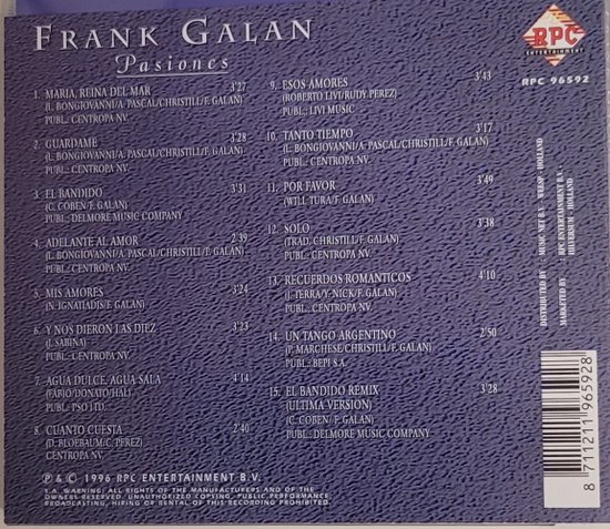 Achterkant van het album 'Pasiones' van Frank Galan met tracklist en RPC Entertainment logo. Tekst: FRANK GALAN Pasiones.