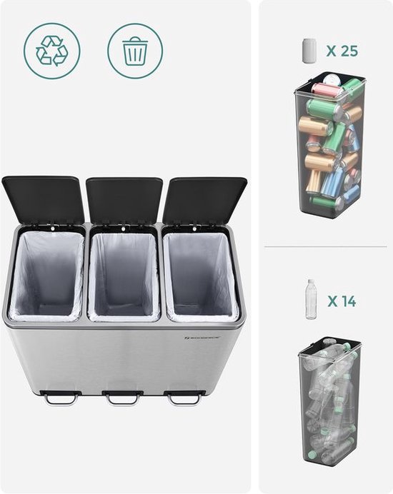 SONGMICS LTB40G02 Kitchen Bin 2 x 20 Litres, Waste Separation System, 2 Compartments, Metal Pedal Bin, Plastic Inner Bucket, Soft Close Lid with Handles, Odour-Proof, Green Grey