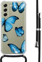 Casimoda® hoesje met koord - Geschikt voor Samsung S21 FE - Blauwe Vlinders - Afneembaar koord - Siliconen/TPU - Blauw