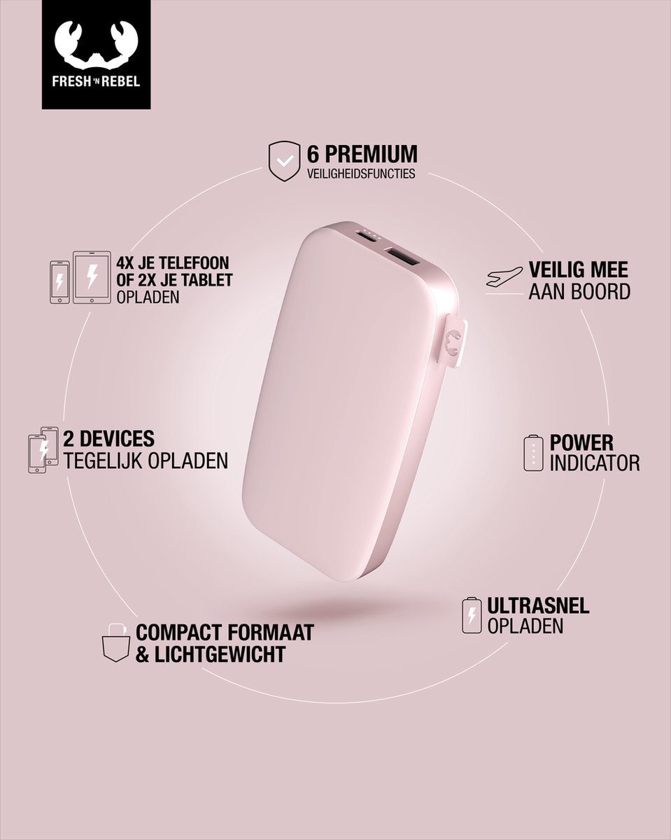 Fresh Powerbank 12000 mAh Ultra Snellader 20W - Roze - afbeelding 3