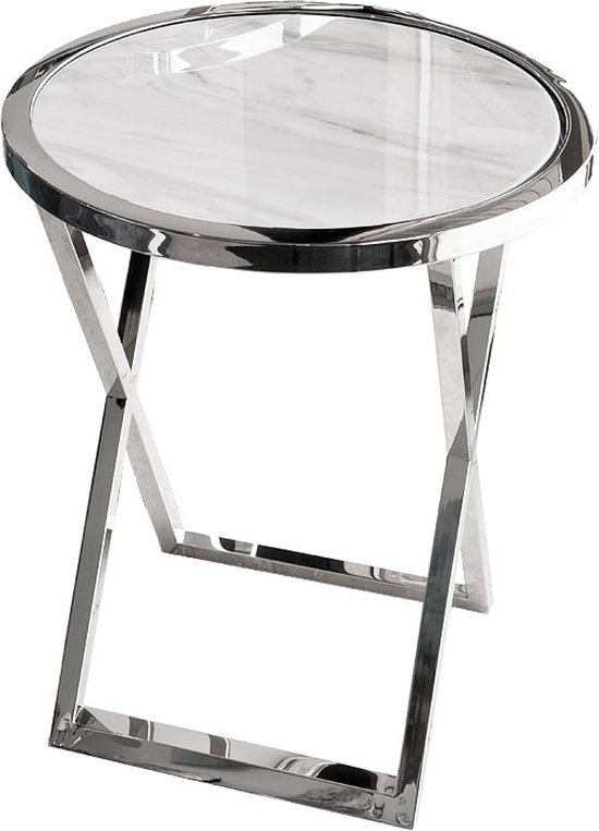 Ronde salontafel, bijzettafel met twee niveaus, blad van wit marmer en stevige metalen poten, modern design meubelen met opbergruimte, open plank banktafel met kruisbasis voor woonkamer (kle
