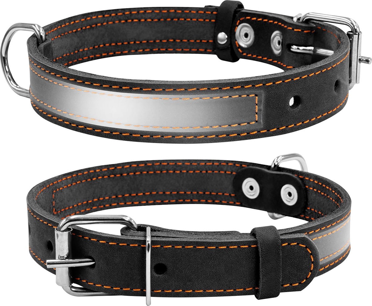 WAUDOG CoLLar Halsband / Hondenhalsband - Leder - Zwart - Reflecterend - Breedte: 35 mm - Nekomtrek: 48 - 63 cm (GELIEVE ALVORENS BESTELLEN OPMETEN)
