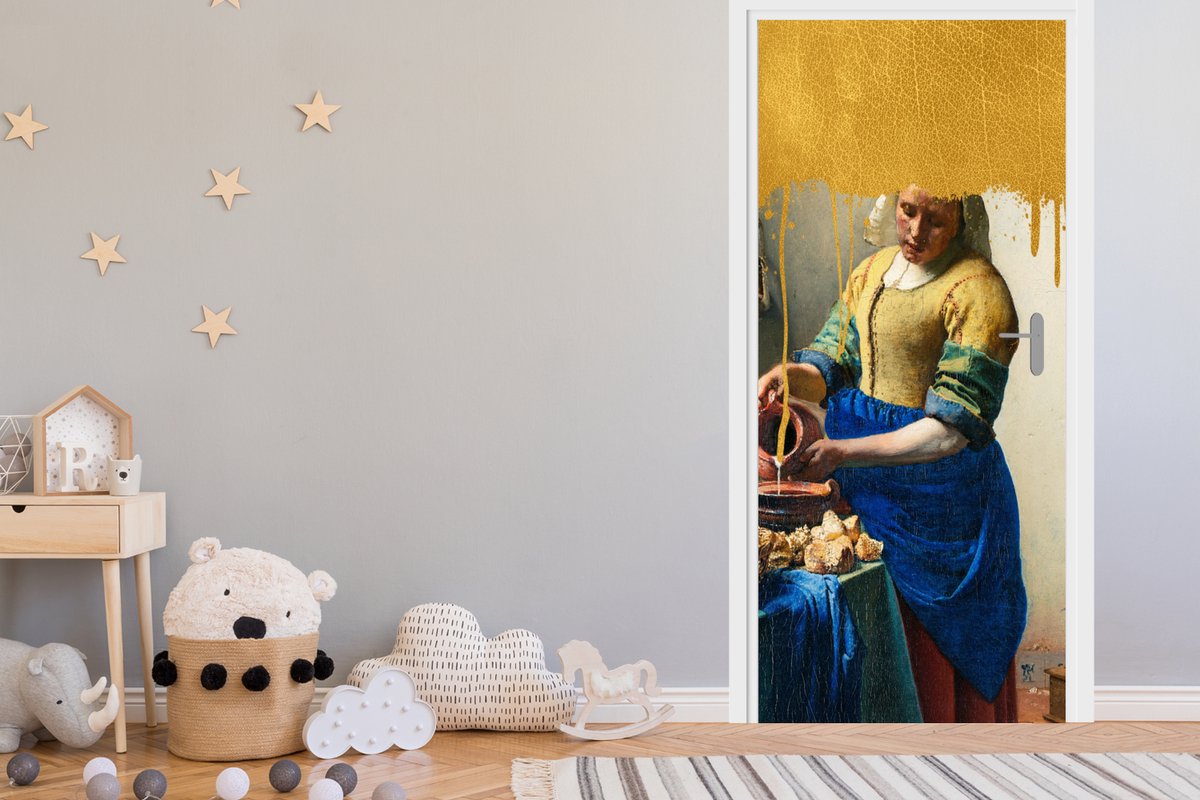 Deurposter 85x205 cm - Deursticker Melkmeisje - Goud - Oude Meesters - Meubelfolie zelfkle