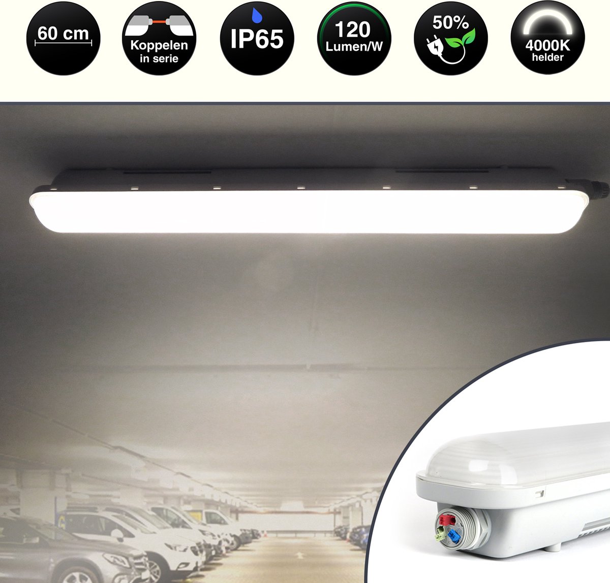 Koppelbare LED TL Tri-Proof IP65 - 2 Stuks Voordeel - 60 cm - Helder wit 4000K - Hoge Lichtopbrengst - Incl. Montage Beugels - Geschikt voor buiten - Vandaal bestendig - 24 watt - Energiebesparend & Duurzaam