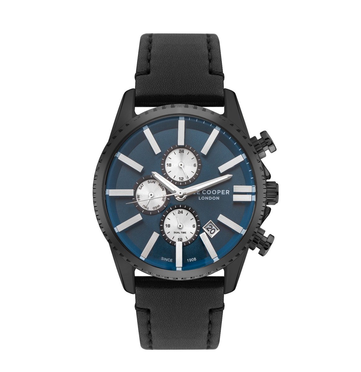 Lee Cooper LC07398.091 - Horloge - Analoog - Mannen - Heren - Leren band - Staal - Datumaanduiding - Zwart - Gun - Blauw - Zilverkleurig