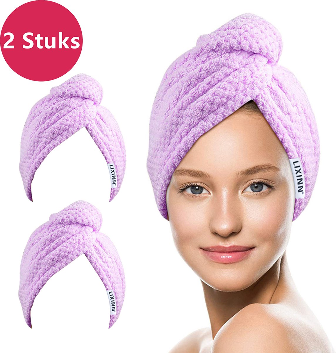 LIXIN 2 Stuks Haarhanddoek - Paars - Haar Drogen Handdoeken - Microfiber - Haar Tulband - Handdoek - Sneldrogend - Super Absorberend - Zachte stof - Haar Cap