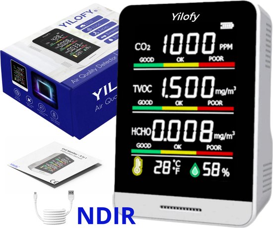 YILOFY NDIR Variant Professionele 5 in 1 Luchtkwaliteitsmeter met Alarm - CO2 Meter - Scholen - Horeca - Hygrometer - Draagbaar LCD Scherm Monitor CO2 - Luchtvochtigheidsmeter Sensor - Melder - Temperatuur - Thermometer - Oplaadbaar + USB Kabel