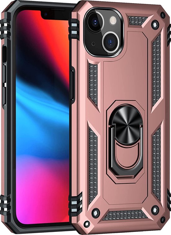 Apple iPhone 14 Plus Case Rose Gold & 2X Verres Screen Protector - Anti-Shock Hybrid Armor avec Kickstand Ring